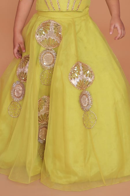 Turqidz By Shweta Aggarwal_Yellow Organza, Silk, Cotton Beads, Sequins, Gota Patti, Embroidered Lehenga Set _Online_at_Aza_Fashions