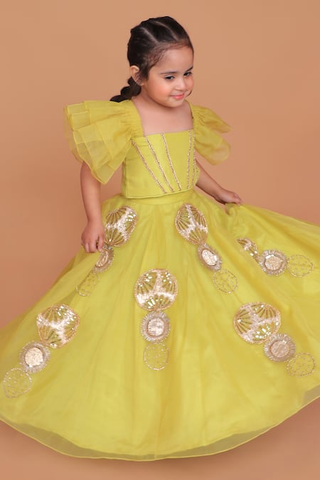 Buy_Turqidz By Shweta Aggarwal_Yellow Organza, Silk, Cotton Beads, Sequins, Gota Patti, Embroidered Lehenga Set _Online_at_Aza_Fashions