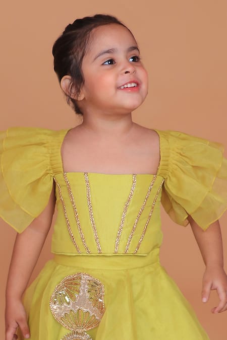 Shop_Turqidz By Shweta Aggarwal_Yellow Organza, Silk, Cotton Beads, Sequins, Gota Patti, Embroidered Lehenga Set _Online_at_Aza_Fashions