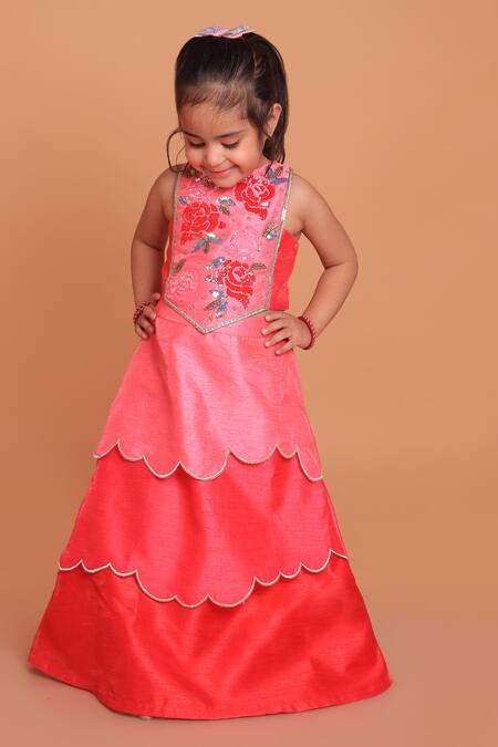 Turqidz By Shweta Aggarwal_Red Silk Embroidery, Sequins, Zari Layered Lehenga With Blouse _at_Aza_Fashions