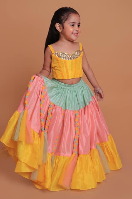 Turqidz By Shweta Aggarwal_Yellow Net, Cotton, Silk Sequins Tiered Lehenga And Embroidered Blouse _Online_at_Aza_Fashions