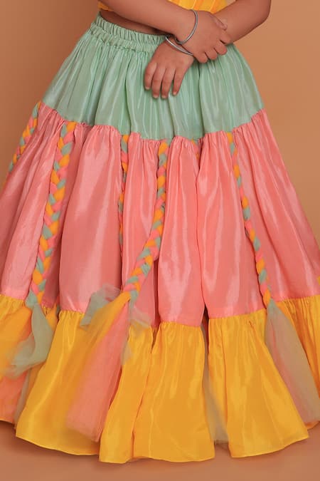 Buy_Turqidz By Shweta Aggarwal_Yellow Net, Cotton, Silk Sequins Tiered Lehenga And Embroidered Blouse _Online_at_Aza_Fashions