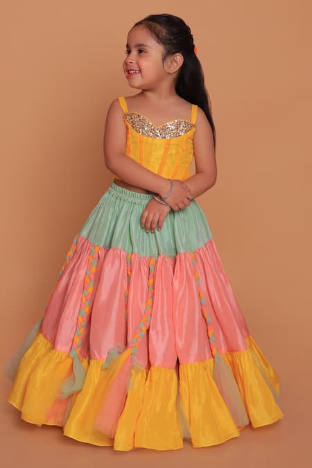 Shop_Turqidz By Shweta Aggarwal_Yellow Net, Cotton, Silk Sequins Tiered Lehenga And Embroidered Blouse _Online_at_Aza_Fashions