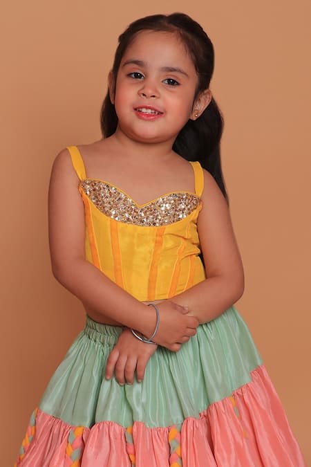 Turqidz By Shweta Aggarwal_Yellow Net, Cotton, Silk Sequins Tiered Lehenga And Embroidered Blouse _at_Aza_Fashions