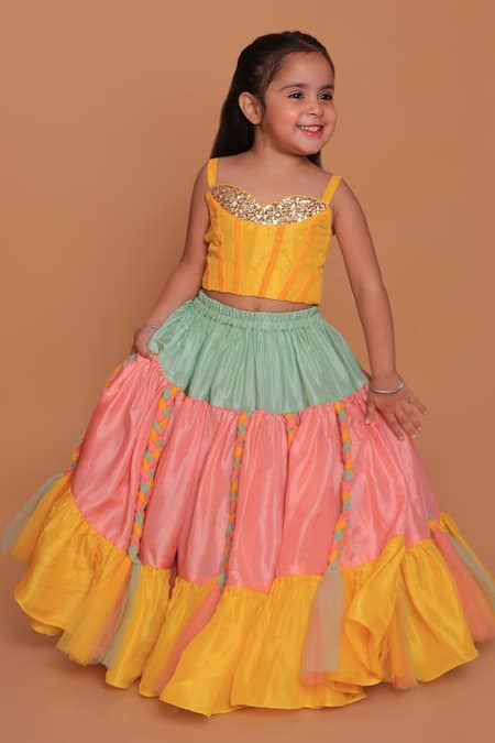 Buy_Turqidz By Shweta Aggarwal_Yellow Net, Cotton, Silk Sequins Tiered Lehenga And Embroidered Blouse 