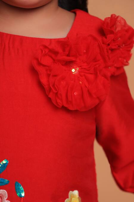 Turqidz By Shweta Aggarwal_Red Chanderi, Cotton Applique, Sequins, Embroidery Floral Kurta Sharara Set _Online_at_Aza_Fashions