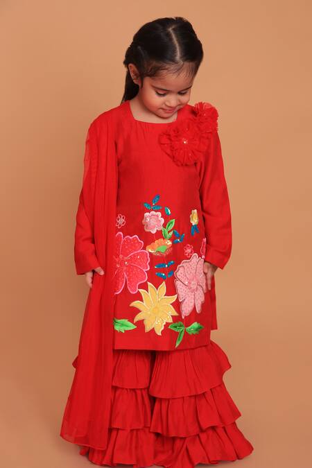 Buy_Turqidz By Shweta Aggarwal_Red Chanderi, Cotton Applique, Sequins, Embroidery Floral Kurta Sharara Set _Online_at_Aza_Fashions