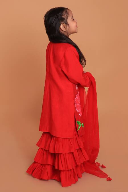 Shop_Turqidz By Shweta Aggarwal_Red Chanderi, Cotton Applique, Sequins, Embroidery Floral Kurta Sharara Set _Online_at_Aza_Fashions