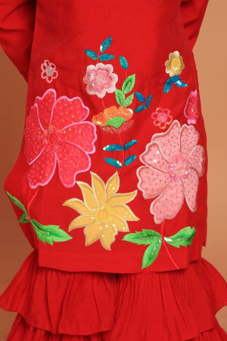 Turqidz By Shweta Aggarwal_Red Chanderi, Cotton Applique, Sequins, Embroidery Floral Kurta Sharara Set _at_Aza_Fashions