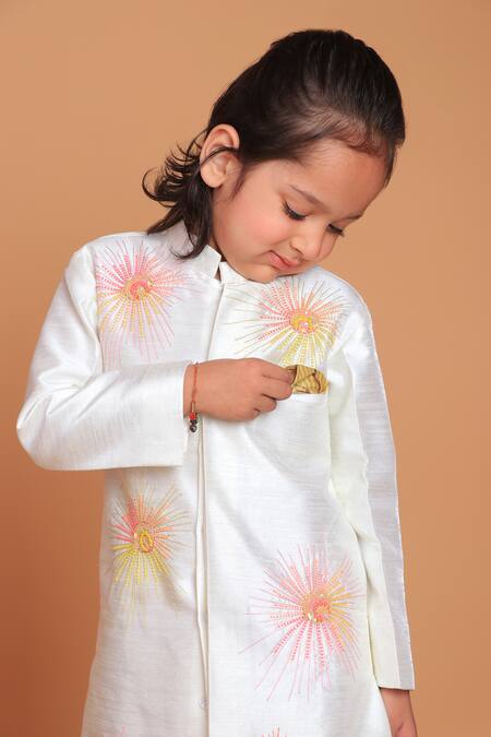 Turqidz By Shweta Aggarwal_Off White Satin, Sequins, Beads, Embroidery Sherwani And Pant Set _Online_at_Aza_Fashions