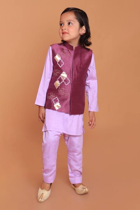Shop_Turqidz By Shweta Aggarwal_Purple Silk, Cotton Gota Patti, Embroidery Elephant Kurta Set _Online_at_Aza_Fashions