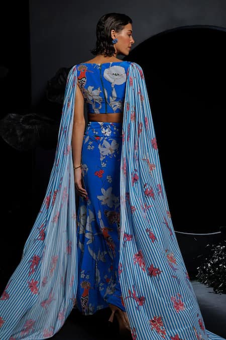 Shop Nautanky Blue Natural Crepe, Soft Nylon Net Bird, Macaws Lullaby Skirt With Blouse at Aza Fashions Shop_Nautanky_Blue Natural Crepe, Soft Nylon Net Bird, Macaws Lullaby Skirt With Blouse _at_Aza_Fashions