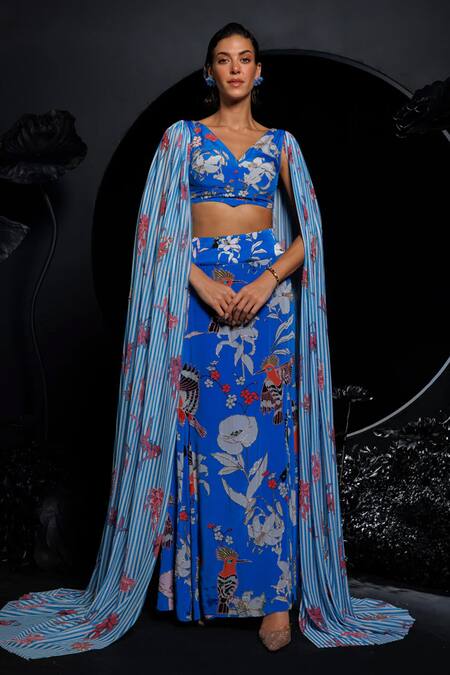 Nautanky Blue Natural Crepe, Soft Nylon Net Bird, Macaws Lullaby Skirt With Blouse Online at Aza Fashions Nautanky_Blue Natural Crepe, Soft Nylon Net Bird, Macaws Lullaby Skirt With Blouse _Online_at_Aza_Fashions