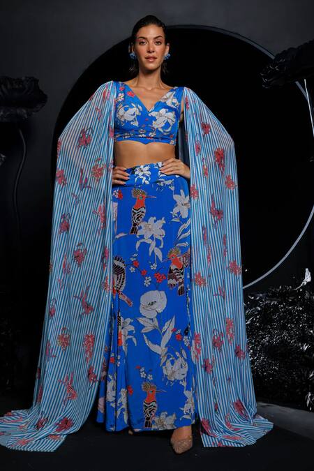 Buy Nautanky Blue Natural Crepe, Soft Nylon Net Bird, Macaws Lullaby Skirt With Blouse Online at Aza Fashions Buy_Nautanky_Blue Natural Crepe, Soft Nylon Net Bird, Macaws Lullaby Skirt With Blouse _Online_at_Aza_Fashions