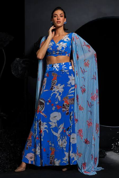 Shop Nautanky Blue Natural Crepe, Soft Nylon Net Bird, Macaws Lullaby Skirt With Blouse Online at Aza Fashions Shop_Nautanky_Blue Natural Crepe, Soft Nylon Net Bird, Macaws Lullaby Skirt With Blouse _Online_at_Aza_Fashions