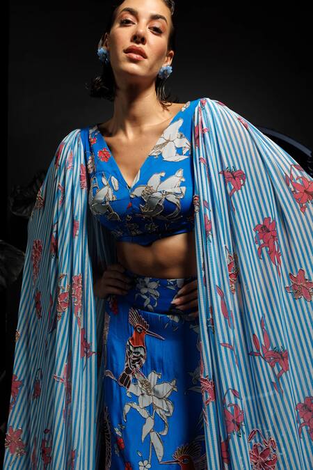 Nautanky Blue Natural Crepe, Soft Nylon Net Bird, Macaws Lullaby Skirt With Blouse at Aza Fashions Nautanky_Blue Natural Crepe, Soft Nylon Net Bird, Macaws Lullaby Skirt With Blouse _at_Aza_Fashions