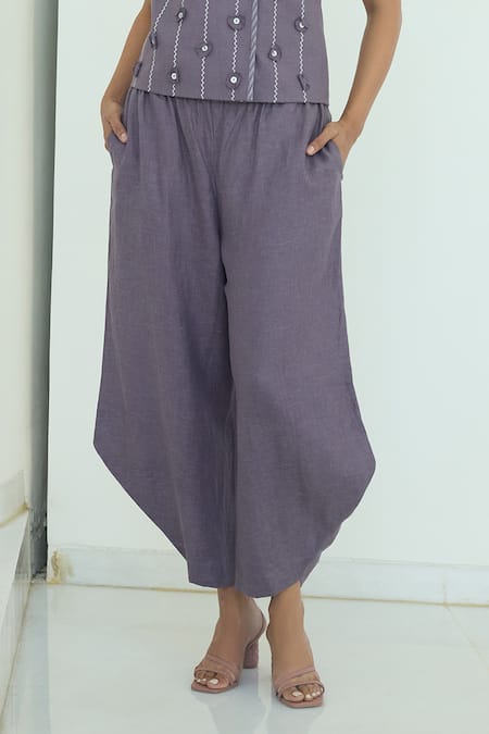 Shop_Shop Nirvanaa_Purple Linen Asymmetric Hem Pant _Online_at_Aza_Fashions