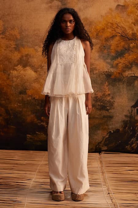 Buy_Ahmev_Ivory Organza Embroidery Round Neck Floral Top _Online_at_Aza_Fashions