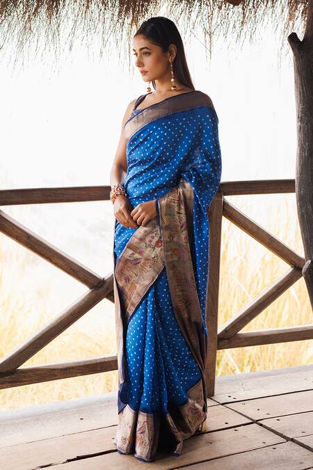 Geroo Jaipur_Blue Silk Embroidery Round Neck Bandhani Handwoven Designer Saree _Online_at_Aza_Fashions