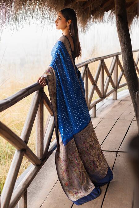 Shop_Geroo Jaipur_Blue Silk Embroidery Round Neck Bandhani Handwoven Designer Saree _Online_at_Aza_Fashions