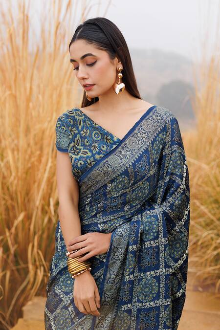 Geroo Jaipur Blue Silk Embroidery Round Neck Bandhani Saree With Blouse Piece Online at Aza Fashions Geroo Jaipur_Blue Silk Embroidery Round Neck Bandhani Saree With Blouse Piece _Online_at_Aza_Fashions