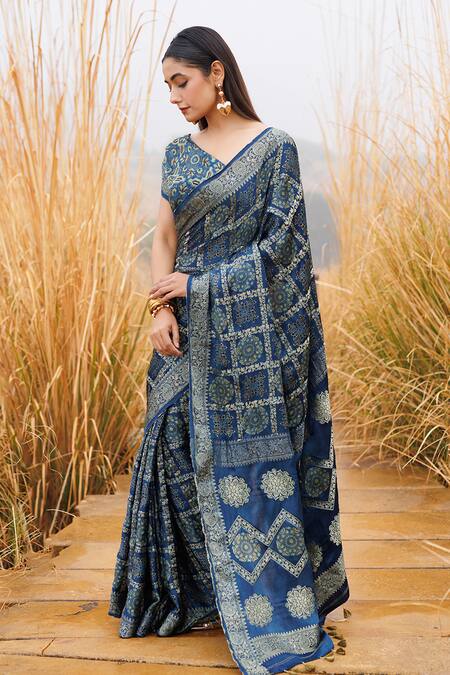 Shop Geroo Jaipur Blue Silk Embroidery Round Neck Bandhani Saree With Blouse Piece Online at Aza Fashions Shop_Geroo Jaipur_Blue Silk Embroidery Round Neck Bandhani Saree With Blouse Piece _Online_at_Aza_Fashions