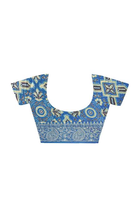 Buy Geroo Jaipur Blue Silk Embroidery Round Neck Bandhani Saree With Blouse Piece Buy_Geroo Jaipur_Blue Silk Embroidery Round Neck Bandhani Saree With Blouse Piece