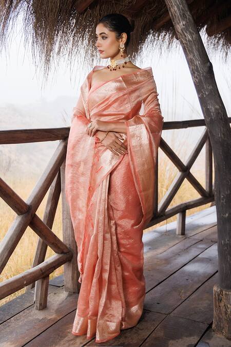 Geroo Jaipur_Peach Tissue Zari Handwoven Saree With Blouse Piece _Online_at_Aza_Fashions