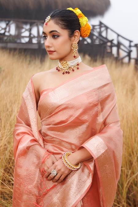 Shop_Geroo Jaipur_Peach Tissue Zari Handwoven Saree With Blouse Piece _Online_at_Aza_Fashions