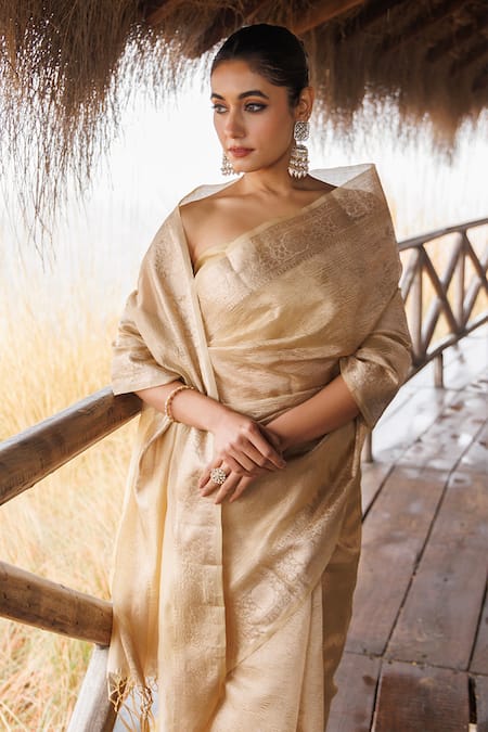 Shop_Geroo Jaipur_Beige Tissue Zari Round Neck Handwoven Saree With Blouse Piece_Online_at_Aza_Fashions