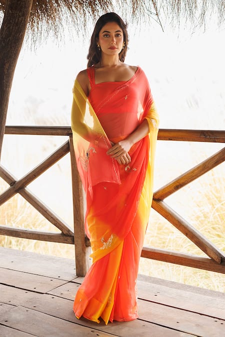 Geroo Jaipur_Yellow Chiffon Embroidery Ombre Pre-draped Saree With Blouse Piece _Online_at_Aza_Fashions