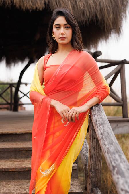 Shop_Geroo Jaipur_Yellow Chiffon Embroidery Ombre Pre-draped Saree With Blouse Piece _Online_at_Aza_Fashions