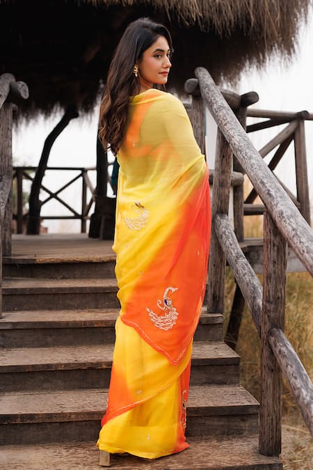 Geroo Jaipur_Yellow Chiffon Embroidery Ombre Pre-draped Saree With Blouse Piece _at_Aza_Fashions