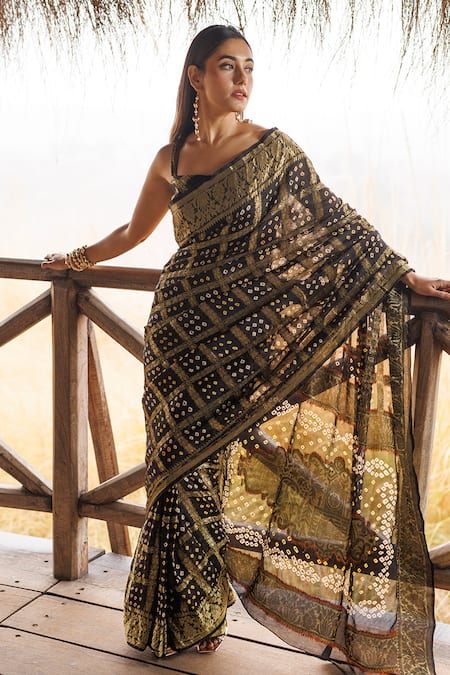 Geroo Jaipur Bandhani & Zari Woven Saree With Unstitched Blouse Piece 