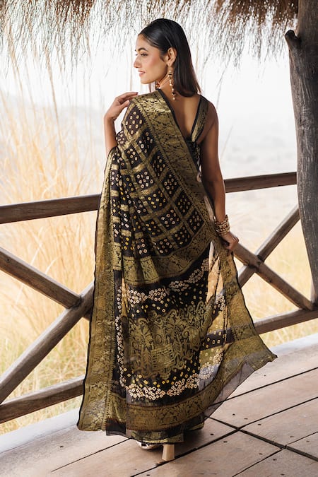 Geroo Jaipur Hand Bandhani Pre-Stitched Saree With Unstitched Blouse Piece 