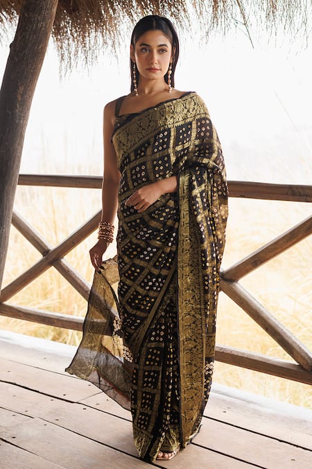 Geroo Jaipur_Black Georgette Hand Bandhani Pre-stitched Saree With Blouse Piece _Online_at_Aza_Fashions