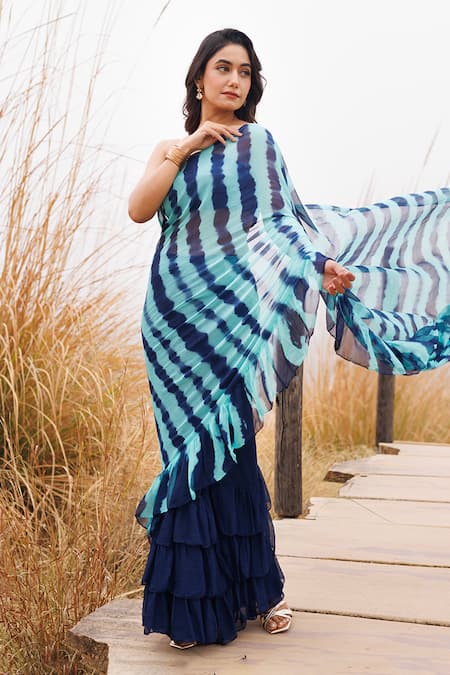 Geroo Jaipur_Blue Chiffon Ruffle Pre-stitched Saree With Blouse Piece _Online_at_Aza_Fashions