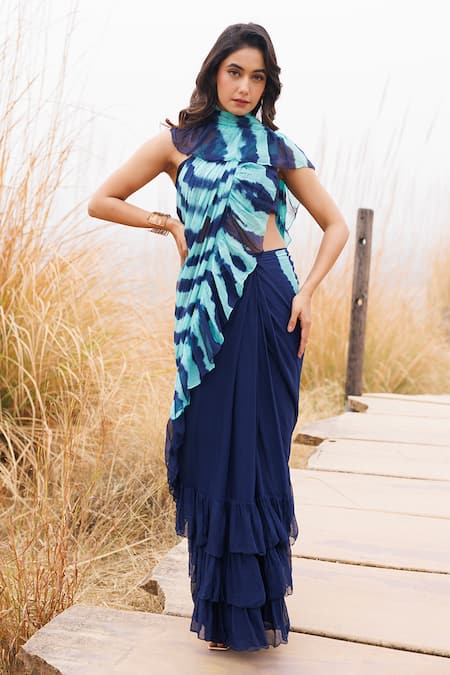 Shop_Geroo Jaipur_Blue Chiffon Ruffle Pre-stitched Saree With Blouse Piece _Online_at_Aza_Fashions