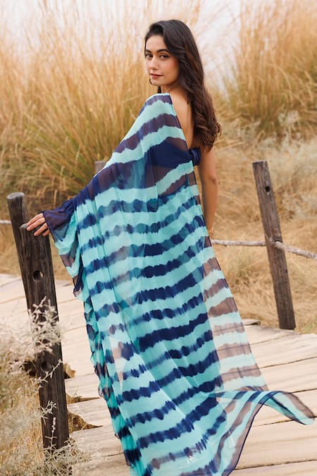 Geroo Jaipur Blue Ruffle Pre-Stitched Saree with Unstitched Blouse Piece 