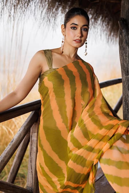 Buy Geroo Jaipur Green Chiffon Ruffles Leheriya Pre-stitched Saree And Blouse Piece Online at Aza Fashions Buy_Geroo Jaipur_Green Chiffon Ruffles Leheriya Pre-stitched Saree And Blouse Piece _Online_at_Aza_Fashions