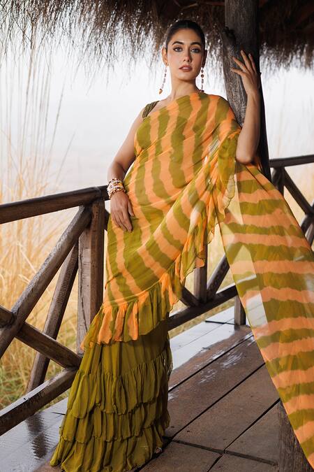 Shop Geroo Jaipur Green Chiffon Ruffles Leheriya Pre-stitched Saree And Blouse Piece Online at Aza Fashions Shop_Geroo Jaipur_Green Chiffon Ruffles Leheriya Pre-stitched Saree And Blouse Piece _Online_at_Aza_Fashions