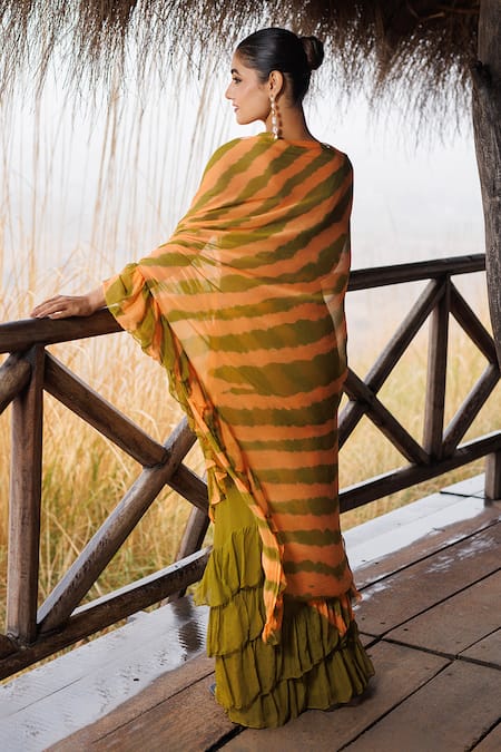 Geroo Jaipur Leheriya Ruffled Pre-Stitched Saree & Unstitched Blouse Piece 