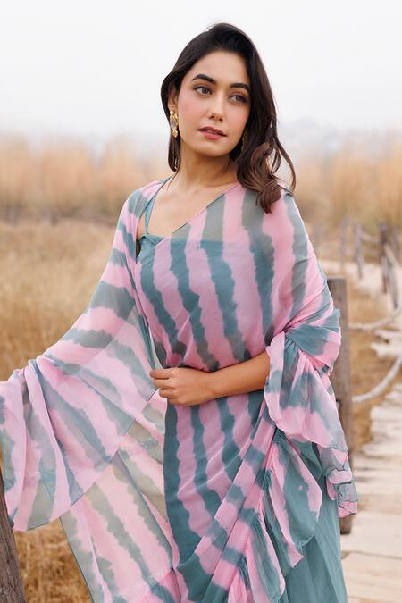 Shop_Geroo Jaipur_Green Chiffon Ruffle Leheriya Pre-stitched Saree _Online_at_Aza_Fashions