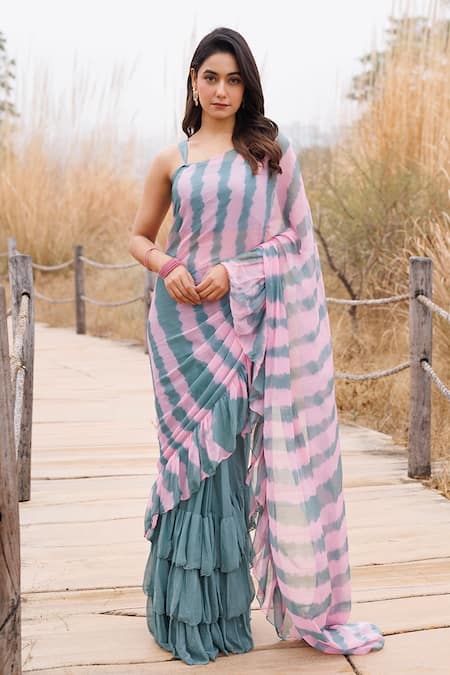 Geroo Jaipur Ruffle Pre-Stitched Saree With Unstitched Blouse Piece 