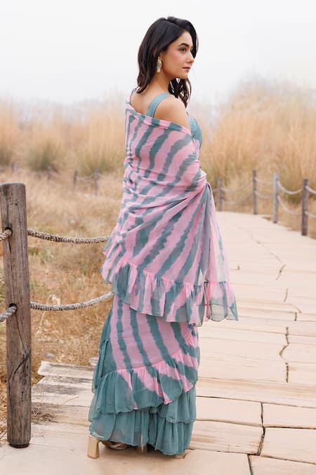 Shop_Geroo Jaipur_Green Chiffon Ruffle Leheriya Pre-stitched Saree _at_Aza_Fashions