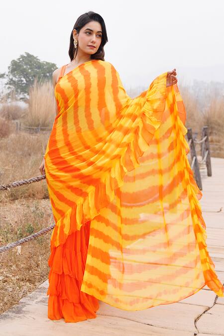 Geroo Jaipur_Orange Chiffon Ruffle Pre-stitched Saree With Blouse Piece _Online_at_Aza_Fashions