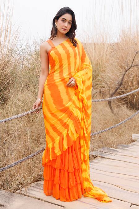 Shop_Geroo Jaipur_Orange Chiffon Ruffle Pre-stitched Saree With Blouse Piece _Online_at_Aza_Fashions