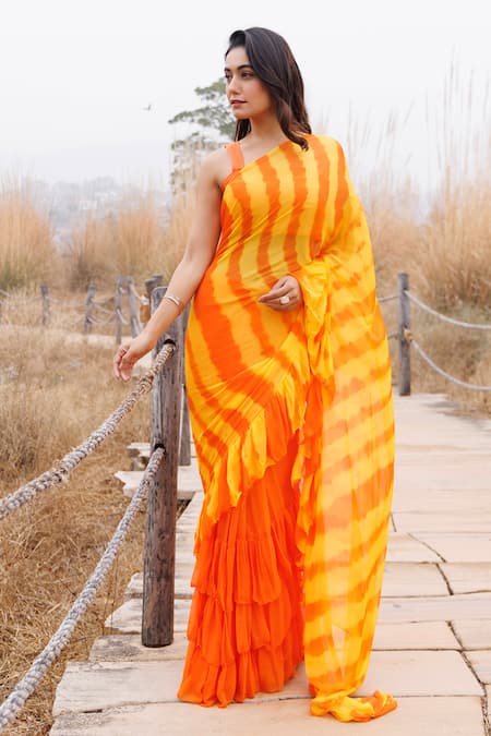 Geroo Jaipur Ruffle Stitched Saree With Unstitched Blouse Piece 