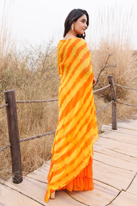 Geroo Jaipur Ruffle Pre-Stitched Saree With Unstitched Blouse Piece 