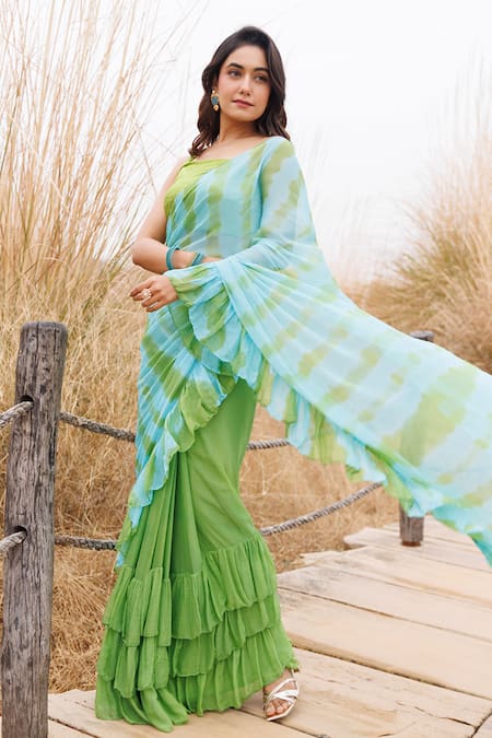 Geroo Jaipur_Blue Chiffon Ruffle Pre-stitched Saree And Blouse Piece _Online_at_Aza_Fashions
